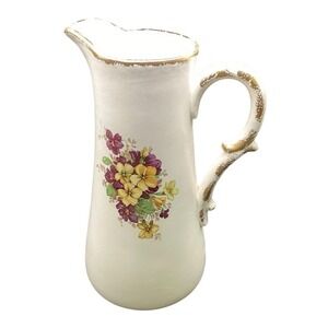 Vintage Porcelain‎ Ceramic Hand Painted Pitcher/Vase- Pansies Floral -9.5" T